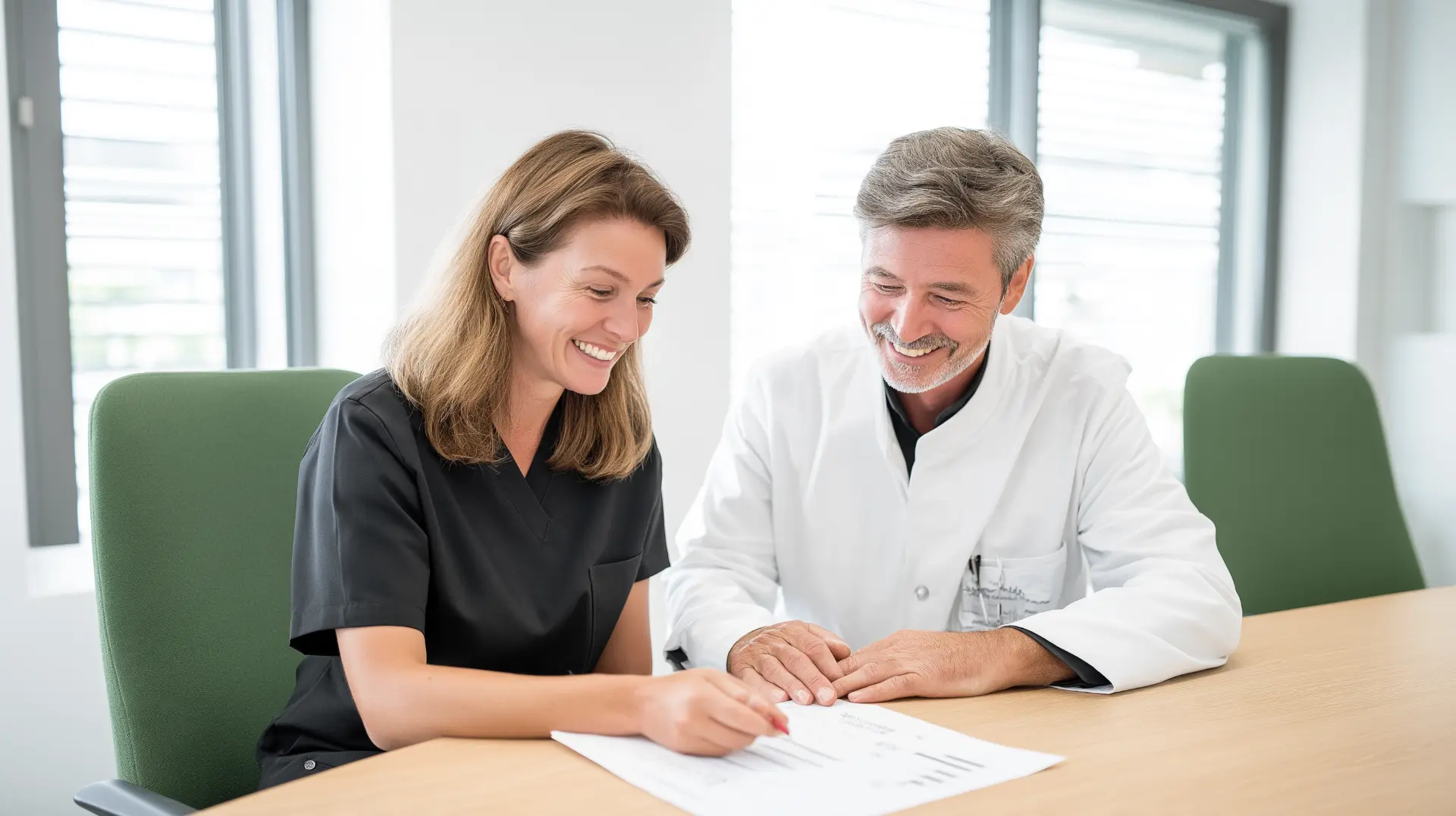 Two dental practice owners reviewing a printed advertising agency proposal with charts at a table, one pointing at a line with a red pen, illustrating the questions to ask before signing a dental marketing contract