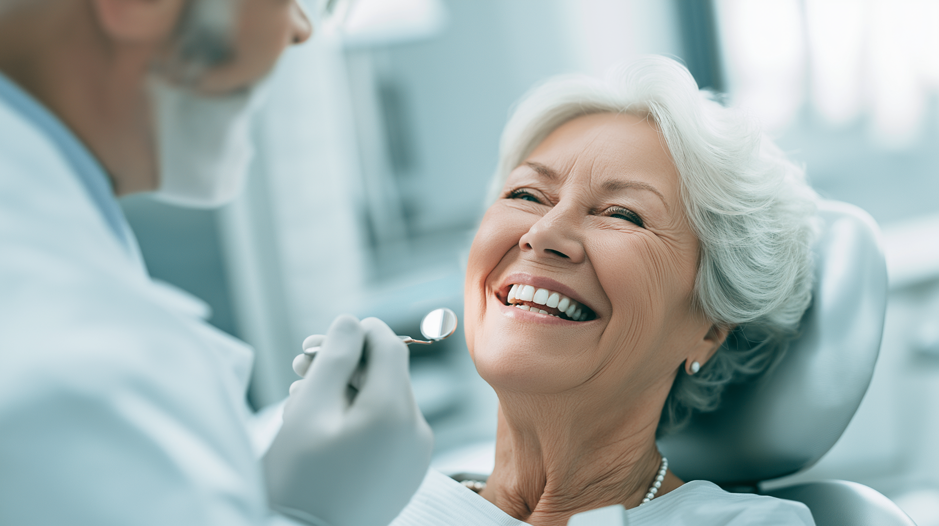 Dentist examining a smiling older woman's healed full-arch implants at a follow-up appointment
