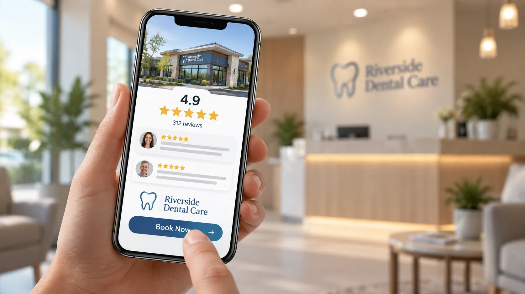 Patient's hand holding a phone in a bright dental office reception, thumb over a blue Book Now button on a practice profile showing a 4.9-star rating across 312 reviews, the single low-commitment call to action a full-arch landing page repeats down the page