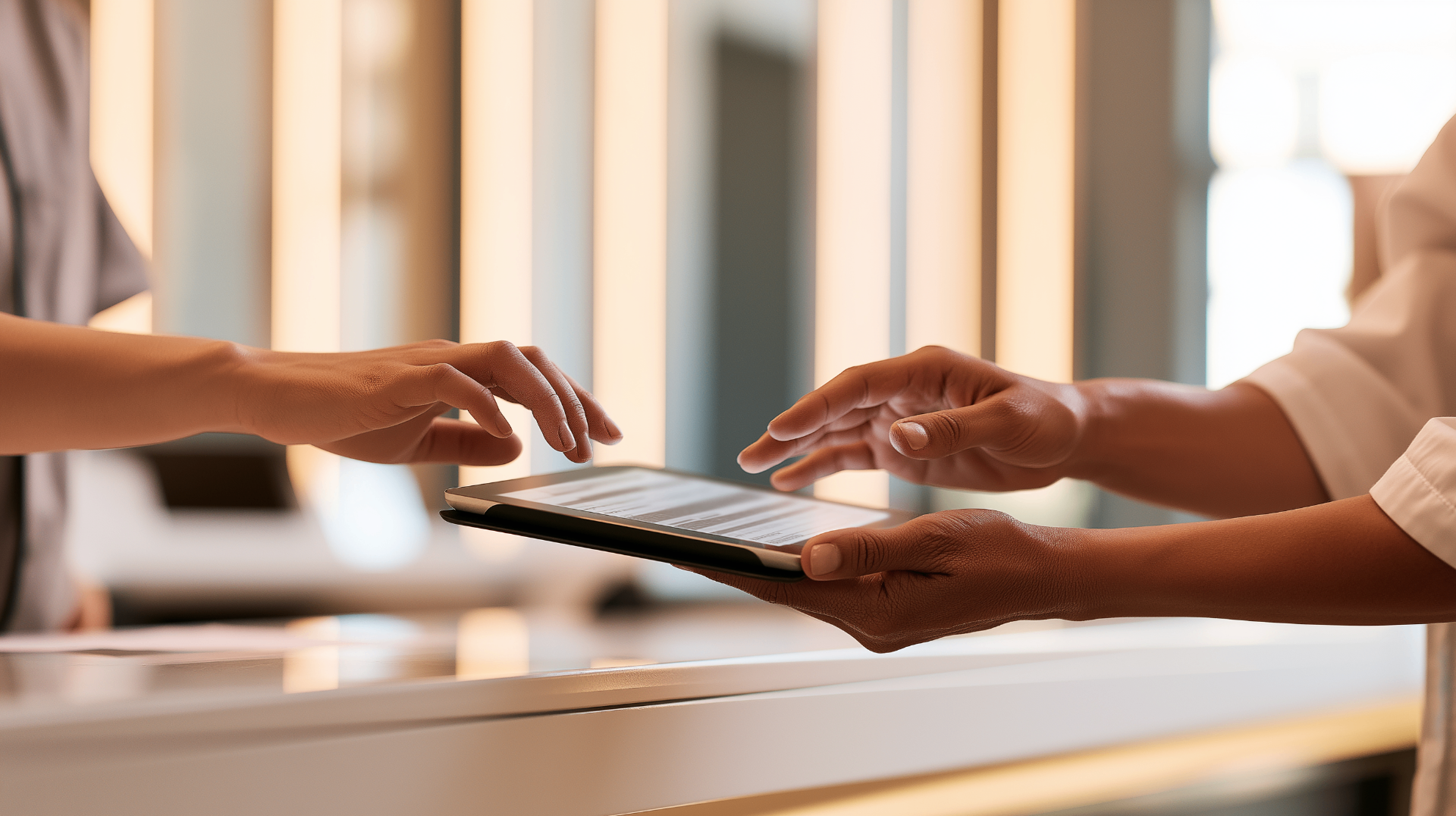 Treatment coordinator showing dental implant financing options on a tablet at the front desk