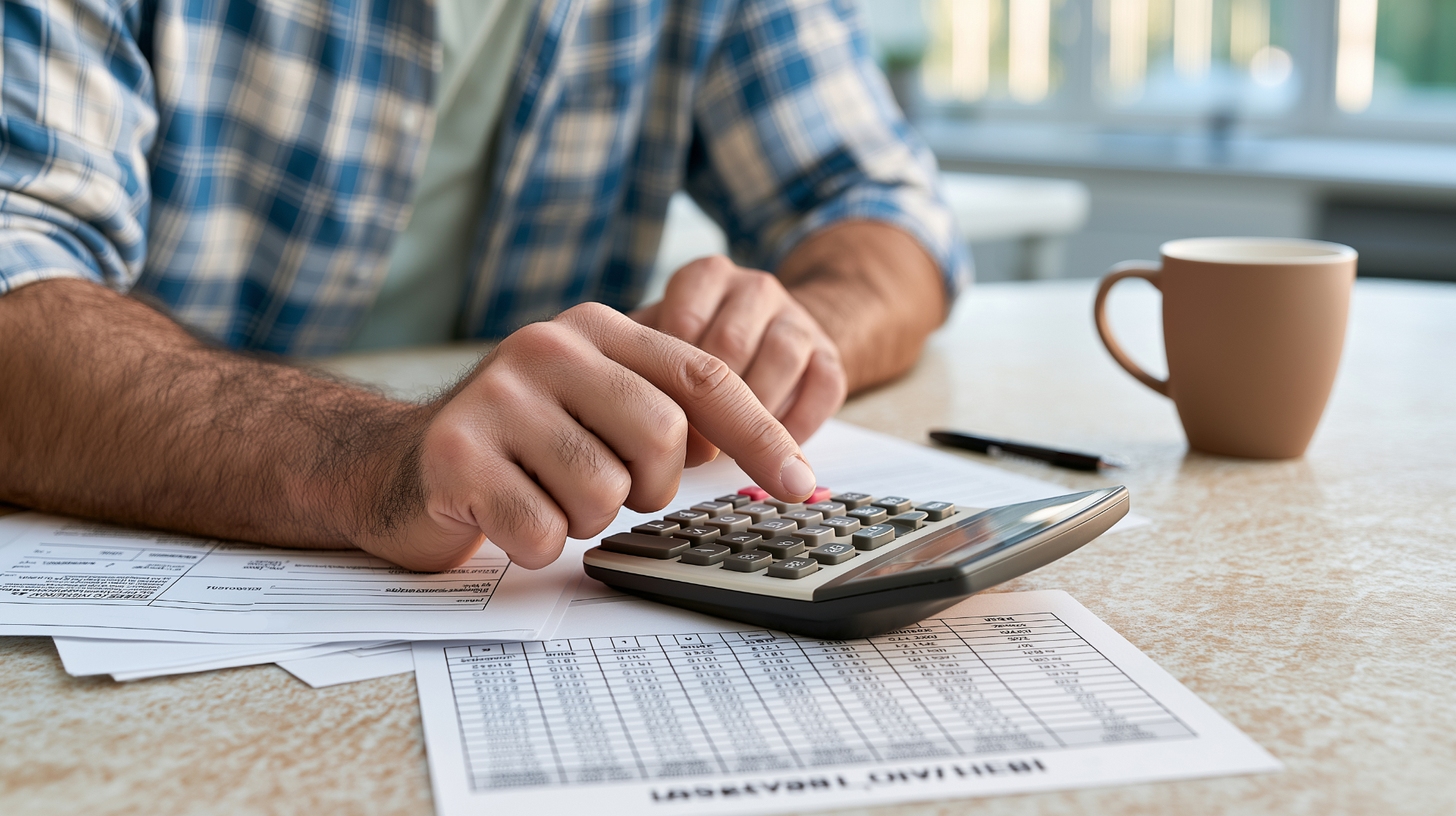 Patient calculating monthly payments on dental implant loan paperwork at home