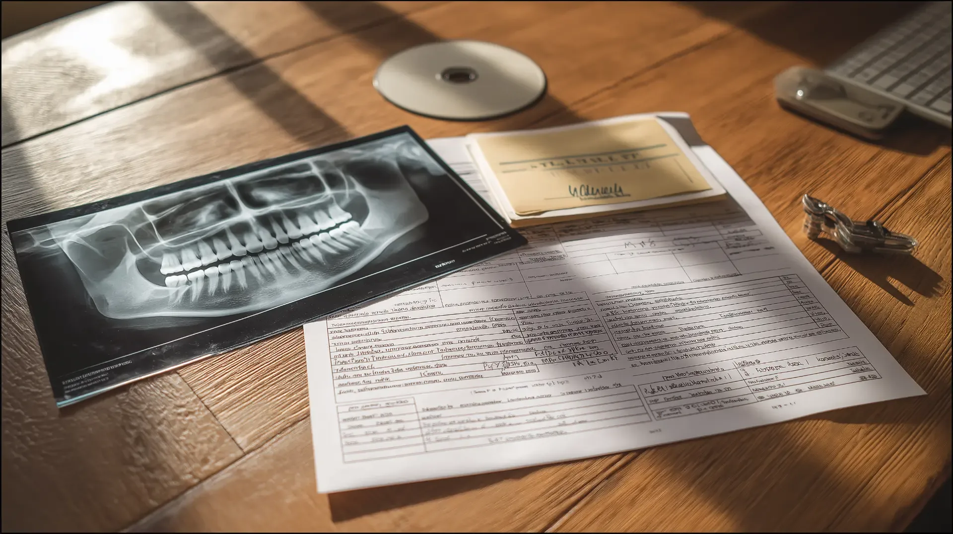 Panoramic dental X-ray beside a written implant treatment plan and patient records for a dental implant second opinion