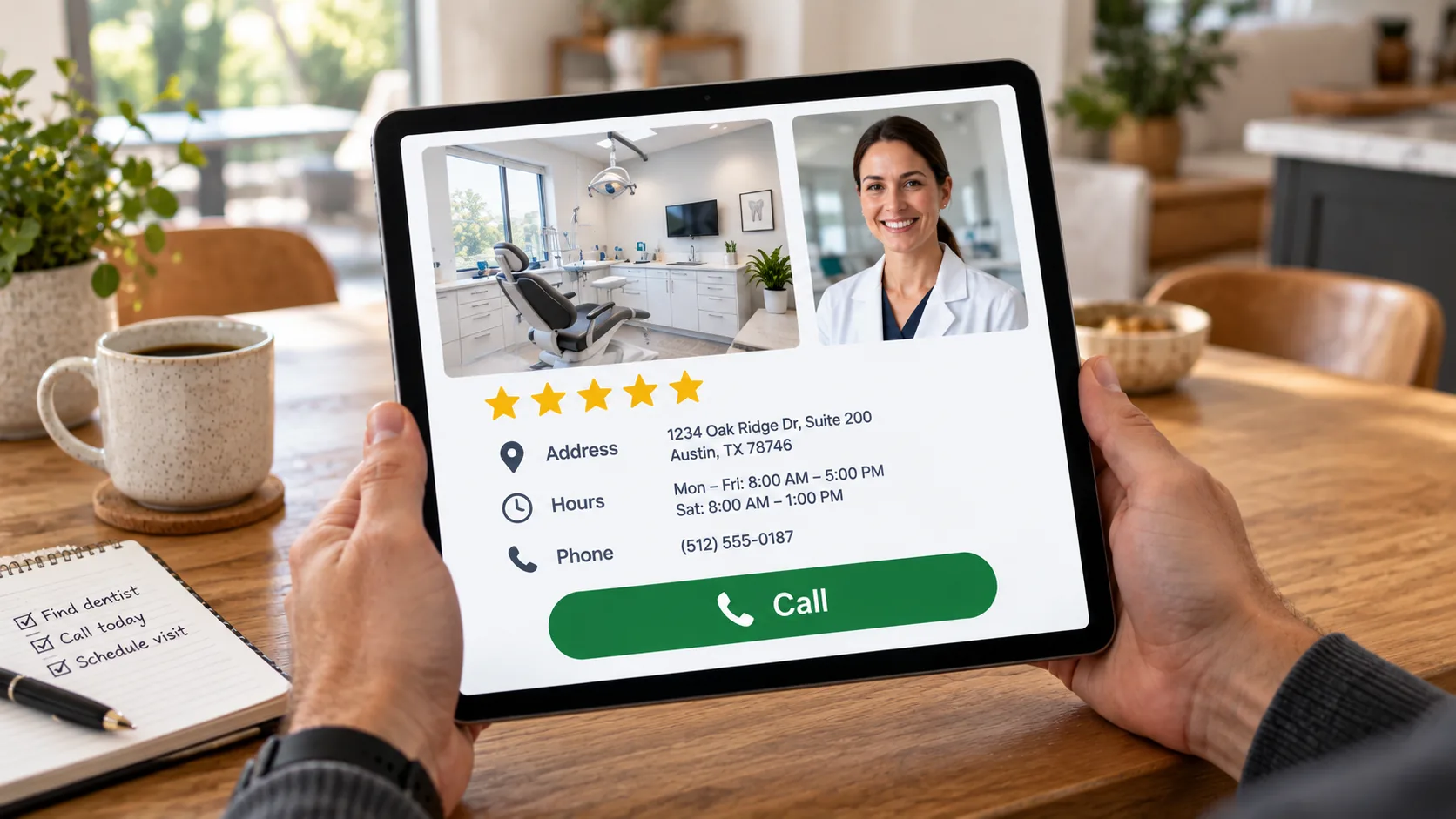 Hands holding a tablet over a wooden table showing a dental practice listing with address, hours, phone number, five-star rating, and a green Call button, the complete profile that makes a directory listing produce calls