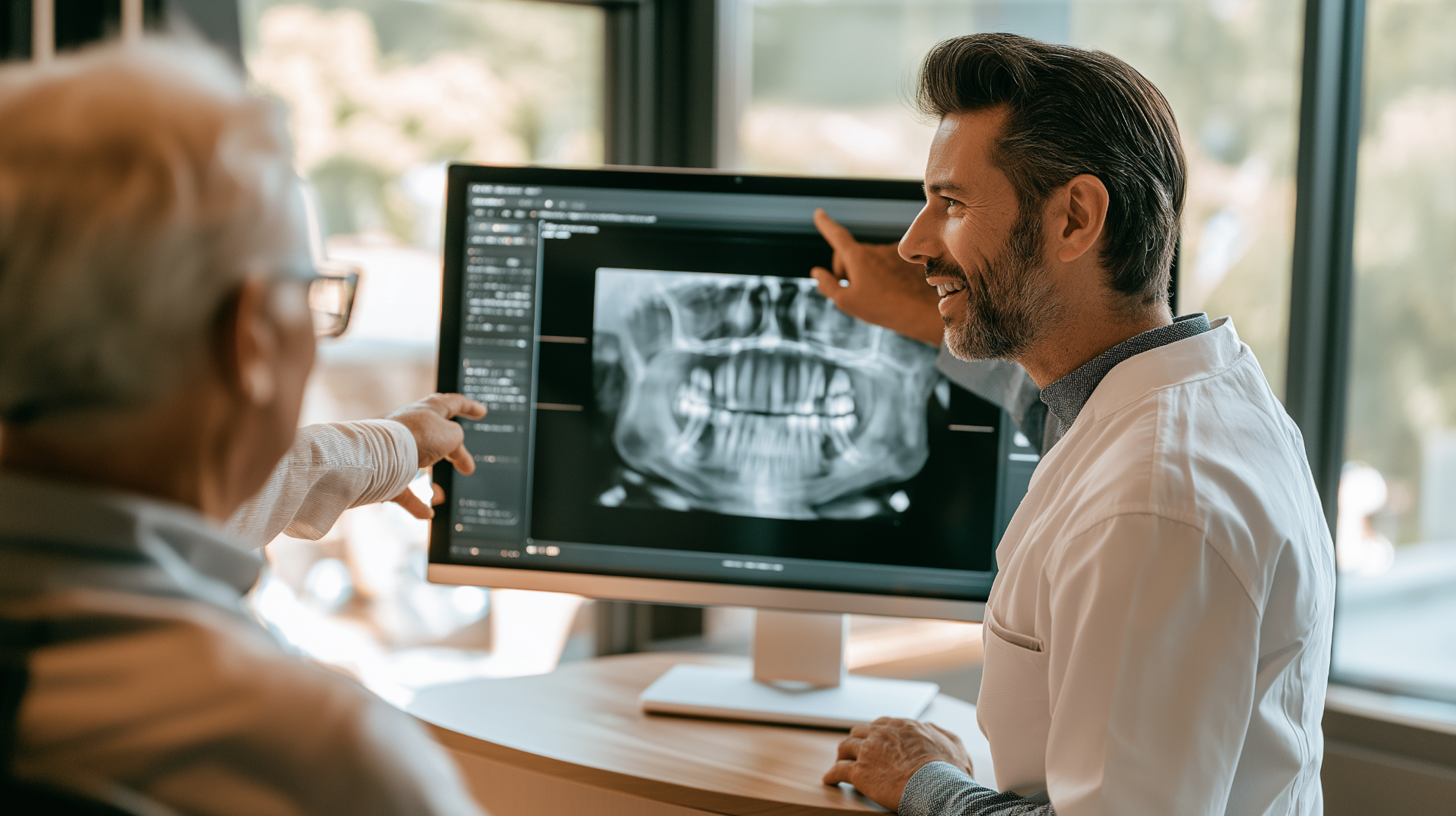 Dentist pointing to a jawbone CT scan on a monitor while discussing implant candidacy with a patient