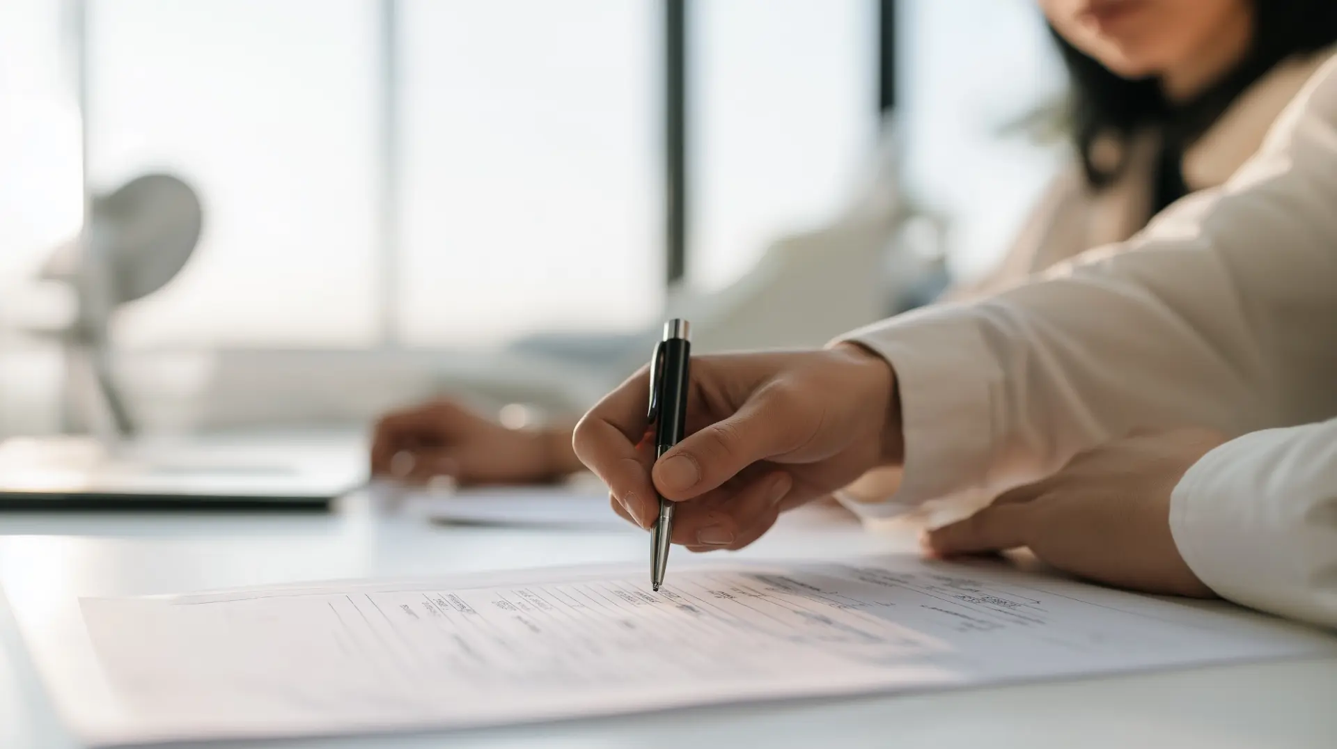 Patient signing a cost estimate for implant-supported dentures at a consultation table