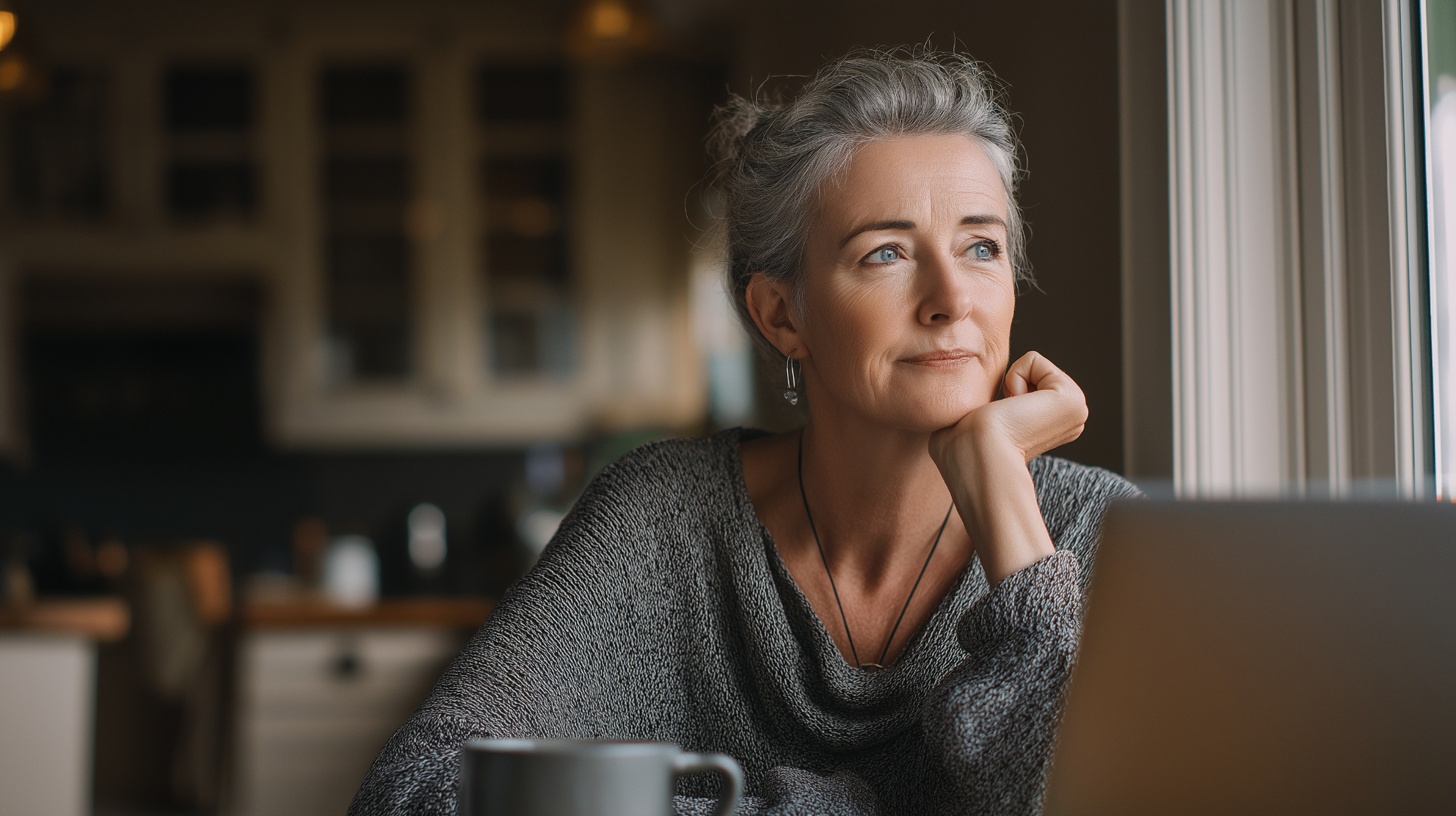 Mature woman at home with a laptop considering All-on-4 dental implant treatment options and costs