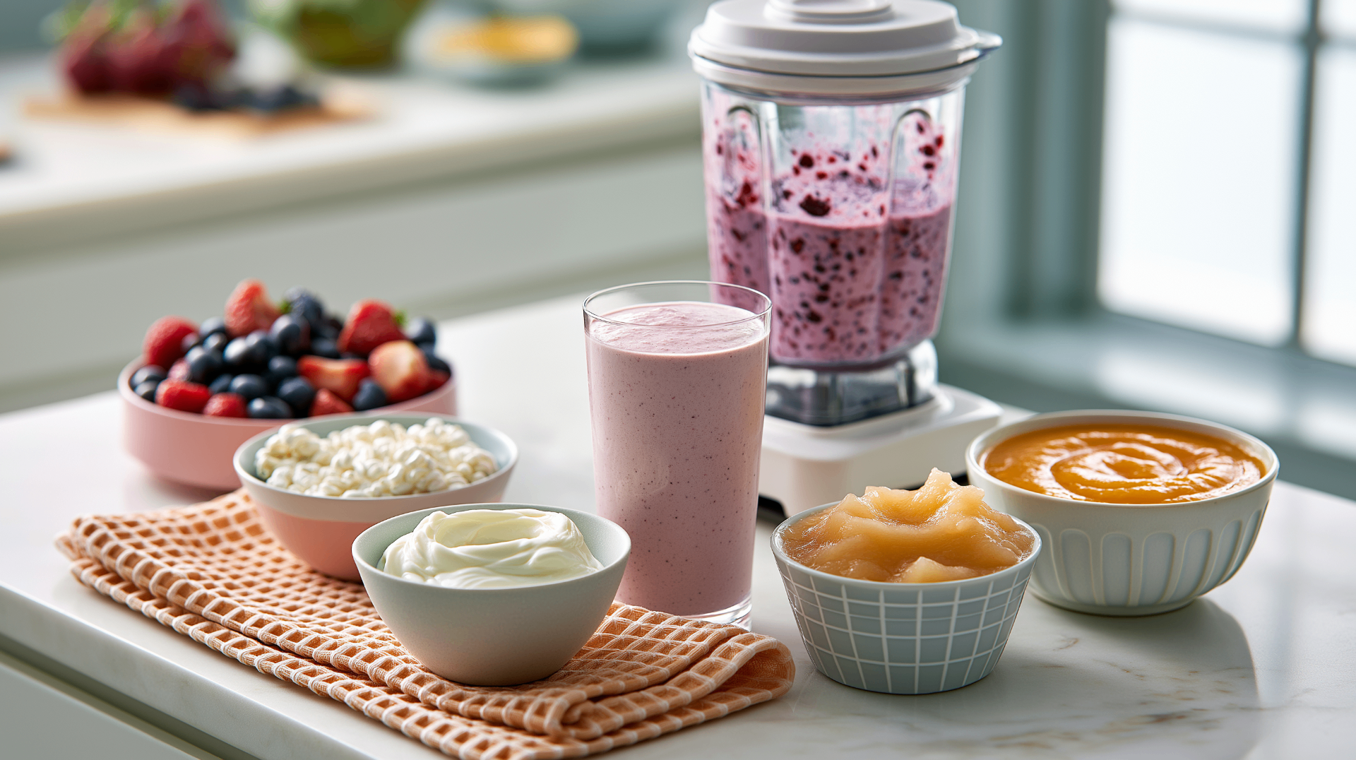 Blender with berry smoothie, yogurt, applesauce, and pureed soft foods prepared for All-on-4 recovery