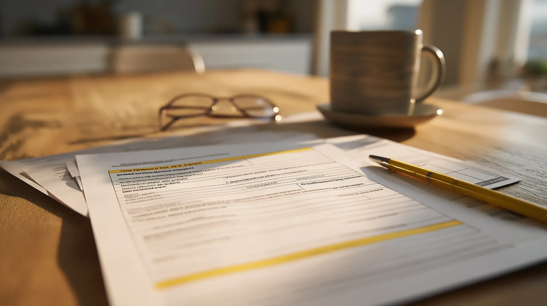 Dental implant treatment plan and cost estimate paperwork for All-on-4 surgery with severe jawbone loss, laid out on a kitchen table