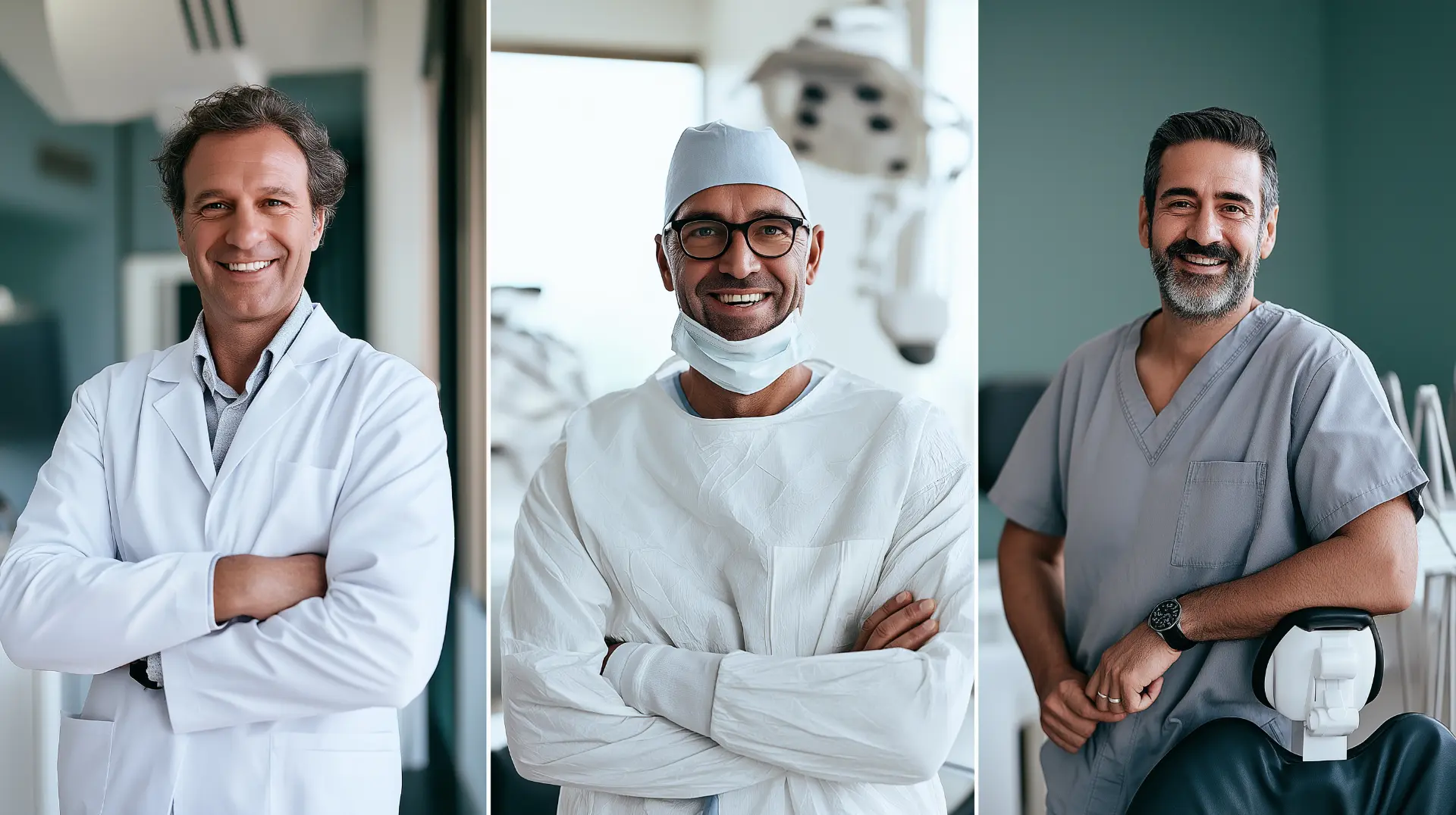 Three dental professionals in different clinical settings: a periodontist, an oral surgeon in a surgical suite, and a general dentist