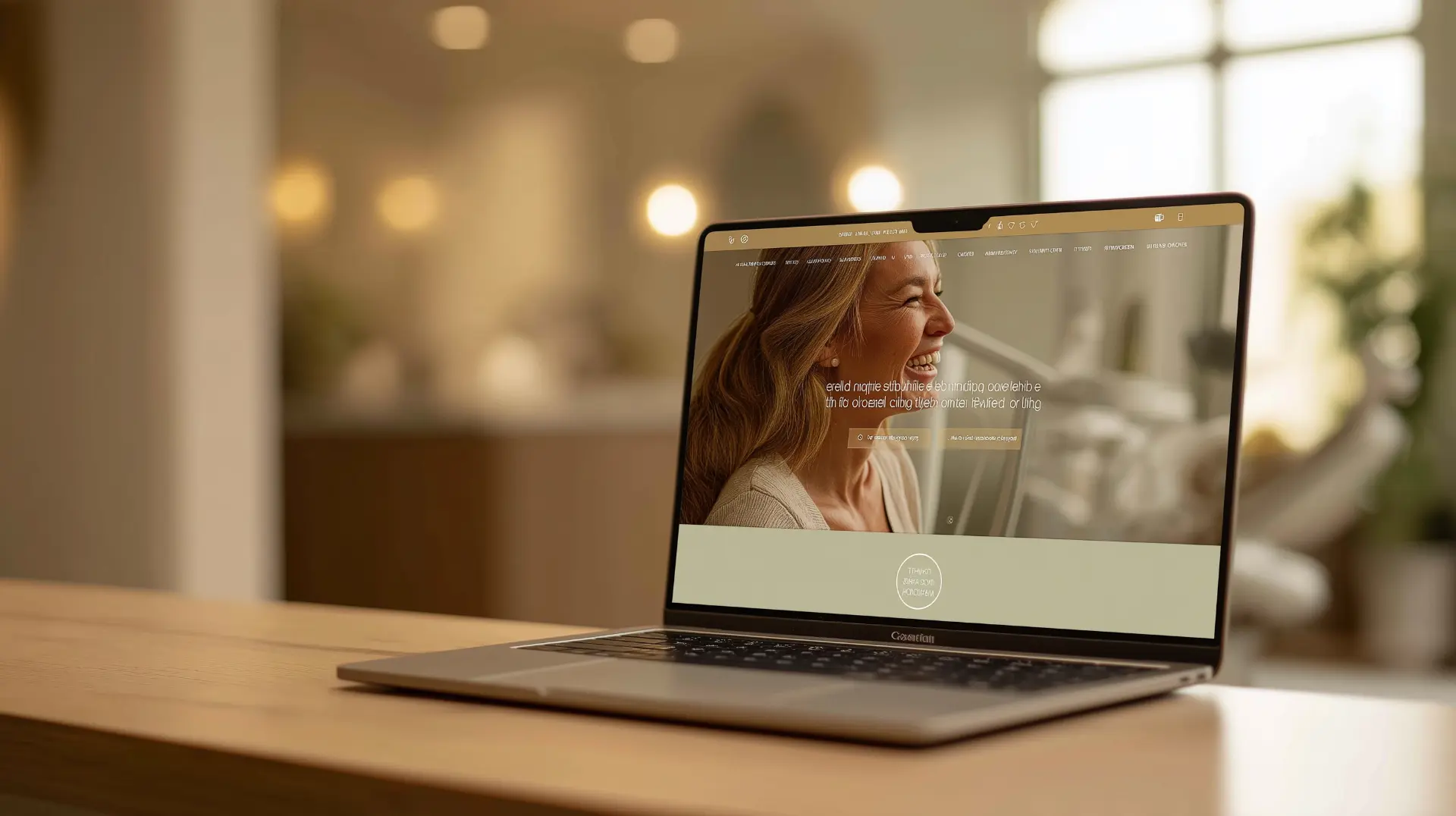 Laptop on a wooden table showing a dental practice website with a smiling patient photo and one prominent smile simulator button, illustrating where to place the simulator button on a practice website