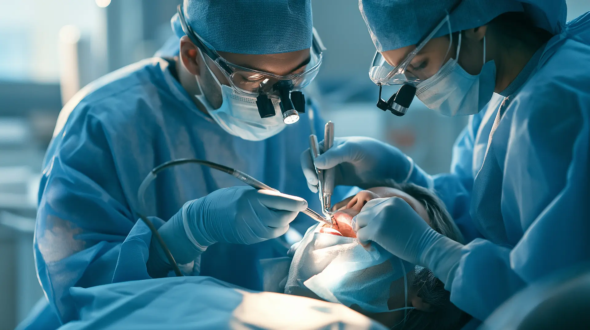Oral surgeon and surgical assistant performing an implant procedure in a sterile operatory