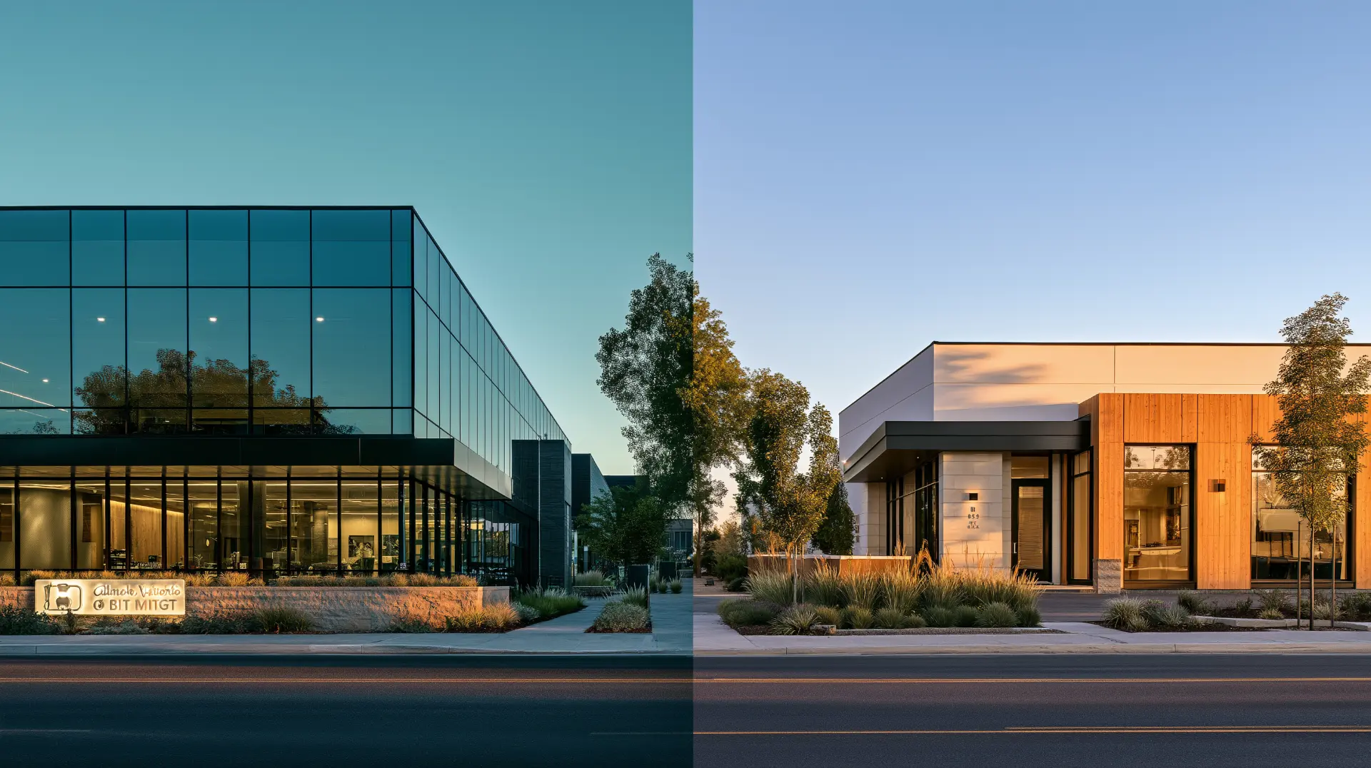 Exterior of a modern corporate dental implant center beside a small independent dental office on a neighborhood street