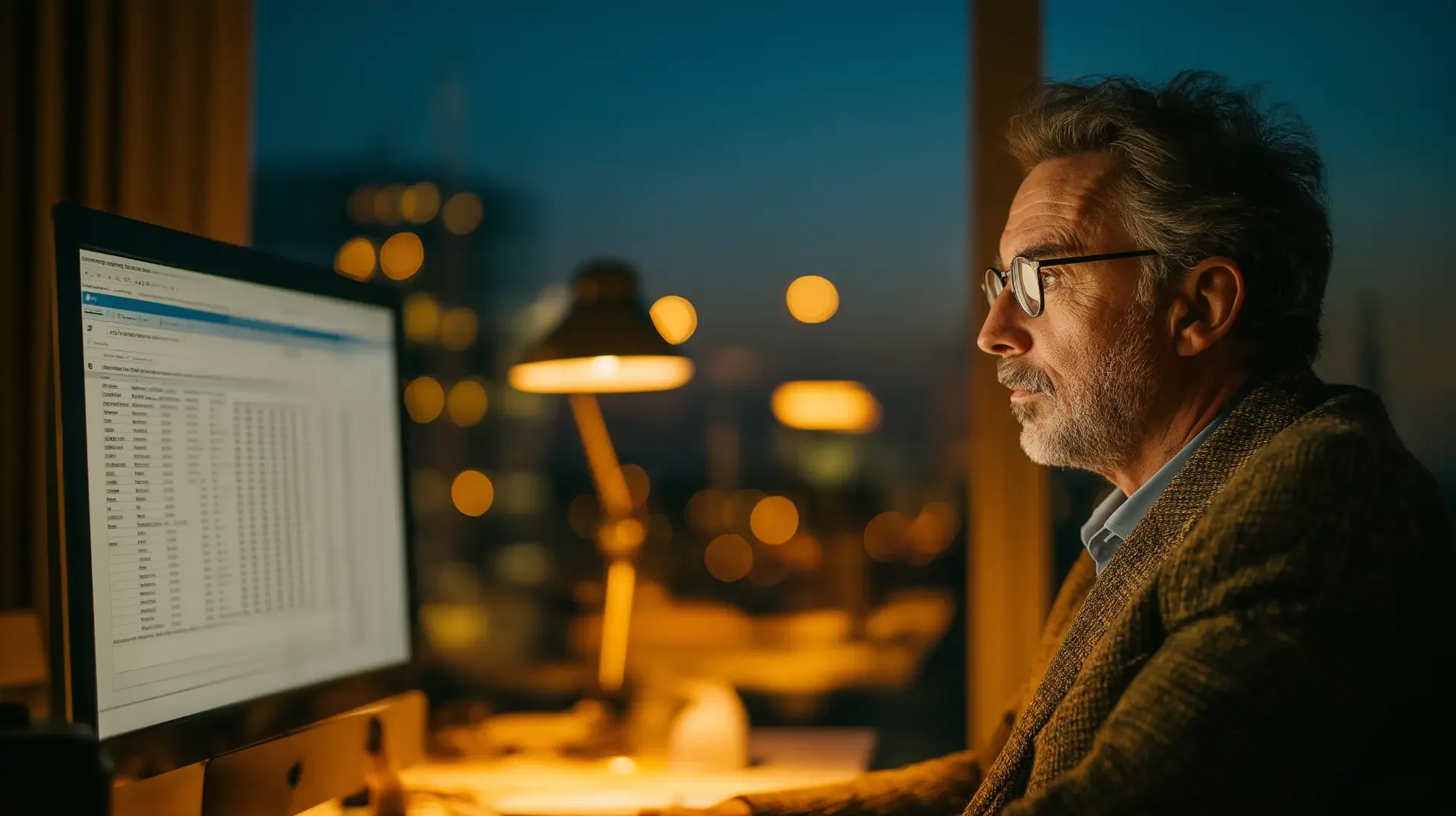 Practice owner at a monitor late at night reviewing a spreadsheet of active in-house payment plans, balances, and next payment dates, the monthly review that keeps in-house receivables from turning into bad debt