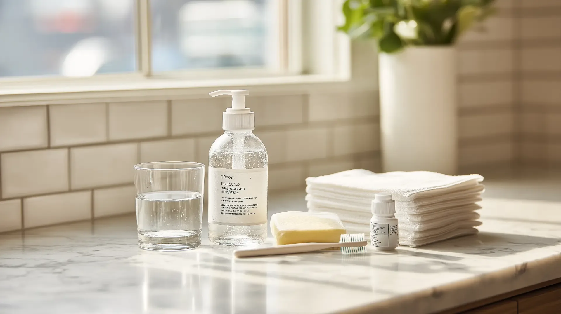 Glass of water, pump bottle of mouth rinse, toothbrush, and folded white washcloths arranged on a marble bathroom counter, the gentle after-care setup for a patient on blood thinners recovering from dental implant surgery