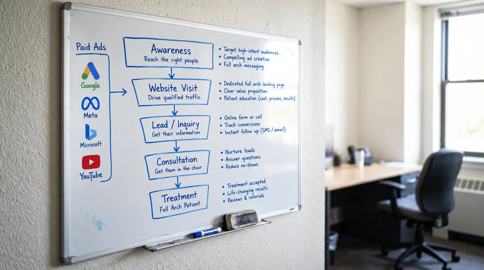 Whiteboard funnel in blue marker: paid ads on Google, Meta, Microsoft, and YouTube feeding awareness, website visit, lead or inquiry, consultation, and full-arch treatment, the chain that decides cost per full-arch case