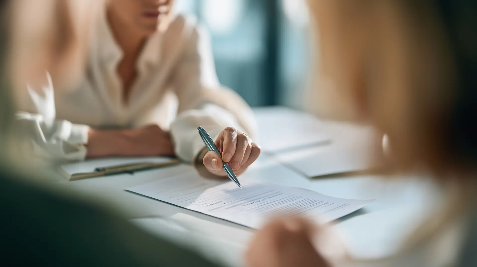 Patient at a consultation desk reviewing a printed treatment quote and financing paperwork with a coordinator