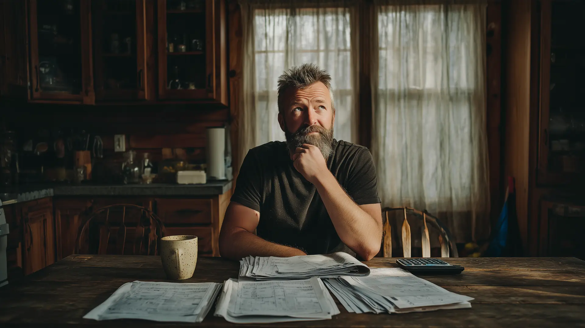 Man weighing the cost of All-on-4 dental implants with severe bone loss over bills and a calculator at his kitchen table