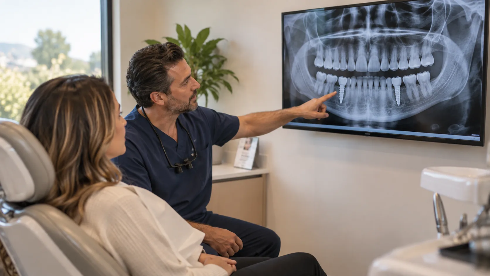 Dentist pointing to a panoramic X-ray on a monitor showing two implants in the lower jaw, reviewing with a patient where the bone is strong enough for implants and which site a bridge can span