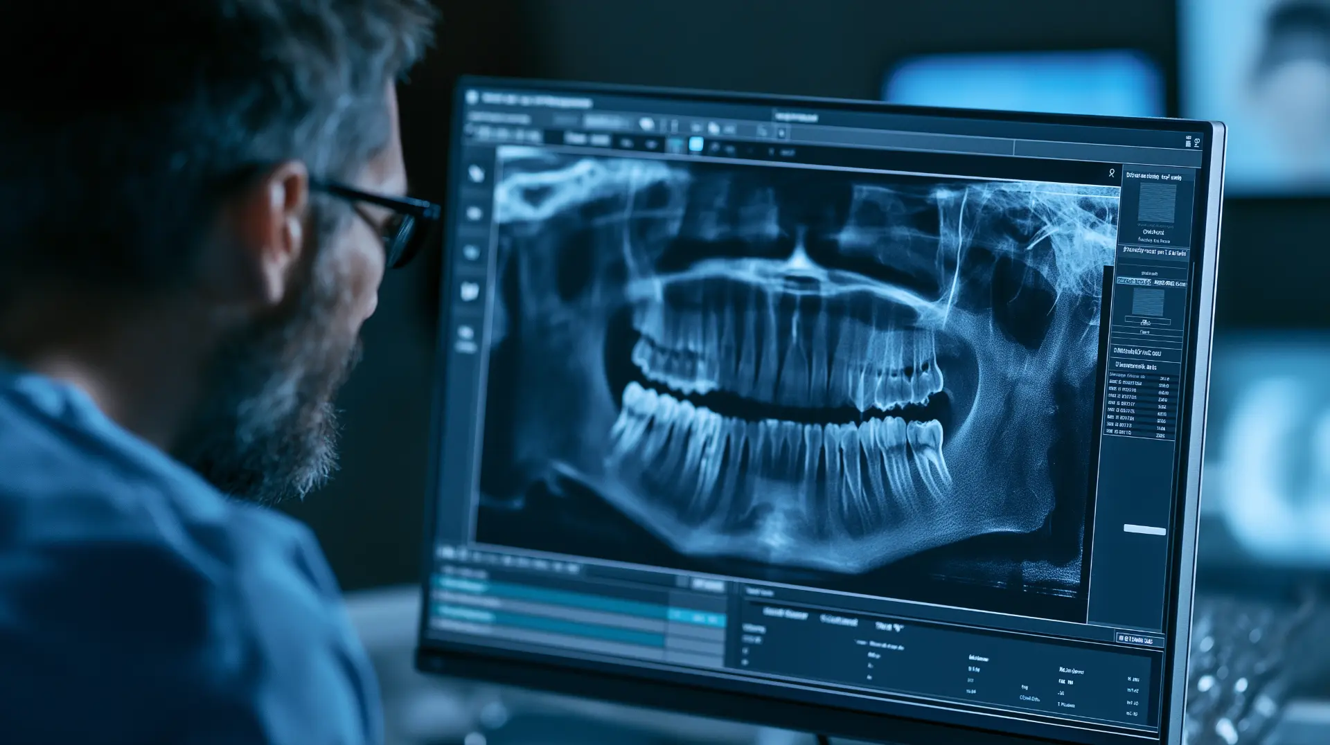 Close-up of a dentist reviewing a 3D CT scan of a patient's jaw on a monitor in a treatment room