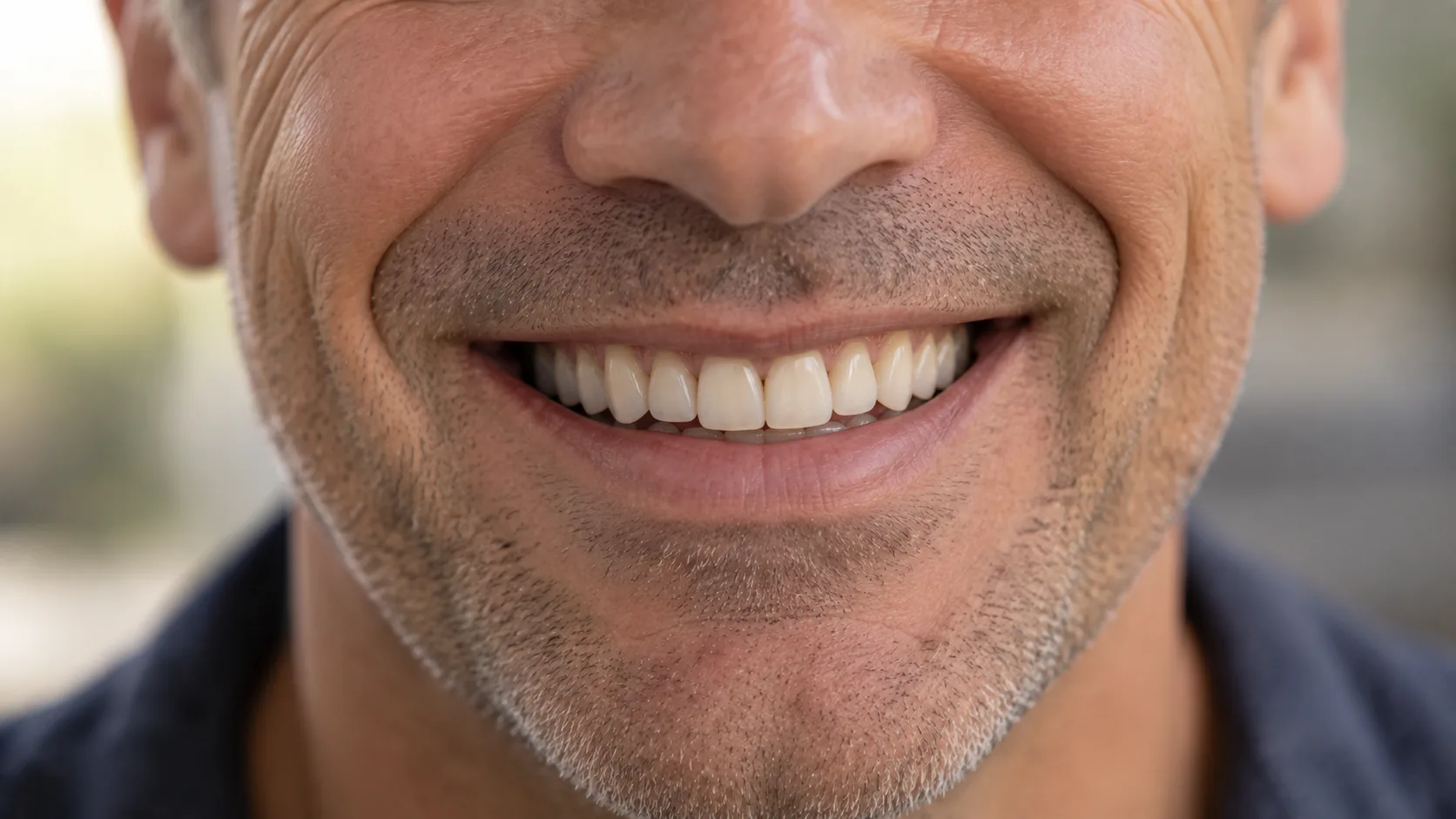 Close-up of a smiling man showing a natural-looking restored front tooth after choosing between a dental implant and bridge for one missing tooth