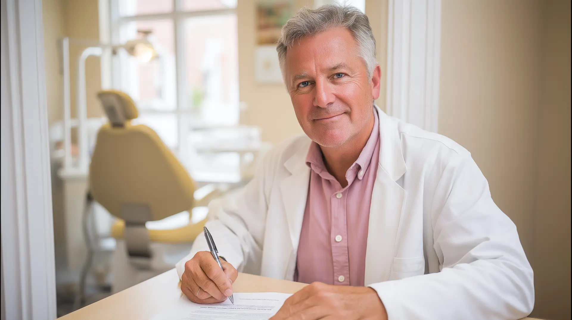 Dentist in his fifties in a white coat signing a printed dental advertising agency contract at a desk, pen in hand, dental chair behind him, the written terms every dental advertising agency agreement should contain