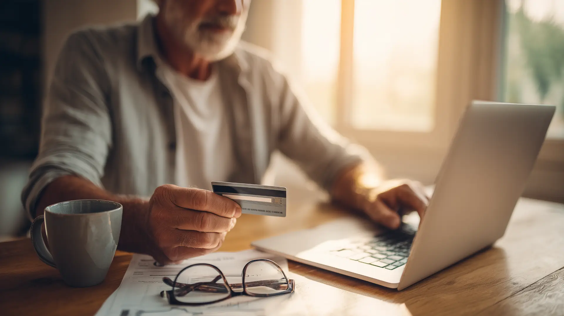 Man in his 50s comparing All-on-4 financing options for severe bone loss treatment on his laptop while holding a credit card