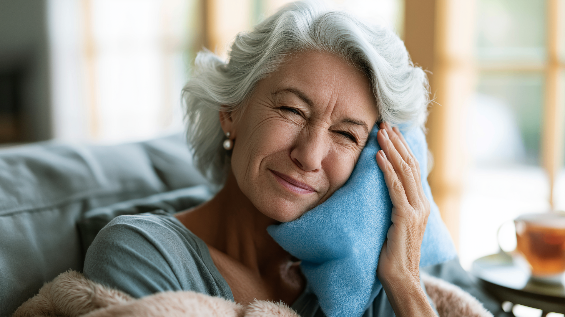 Older woman resting on her couch at home holding an ice pack to her cheek after All-on-4 surgery