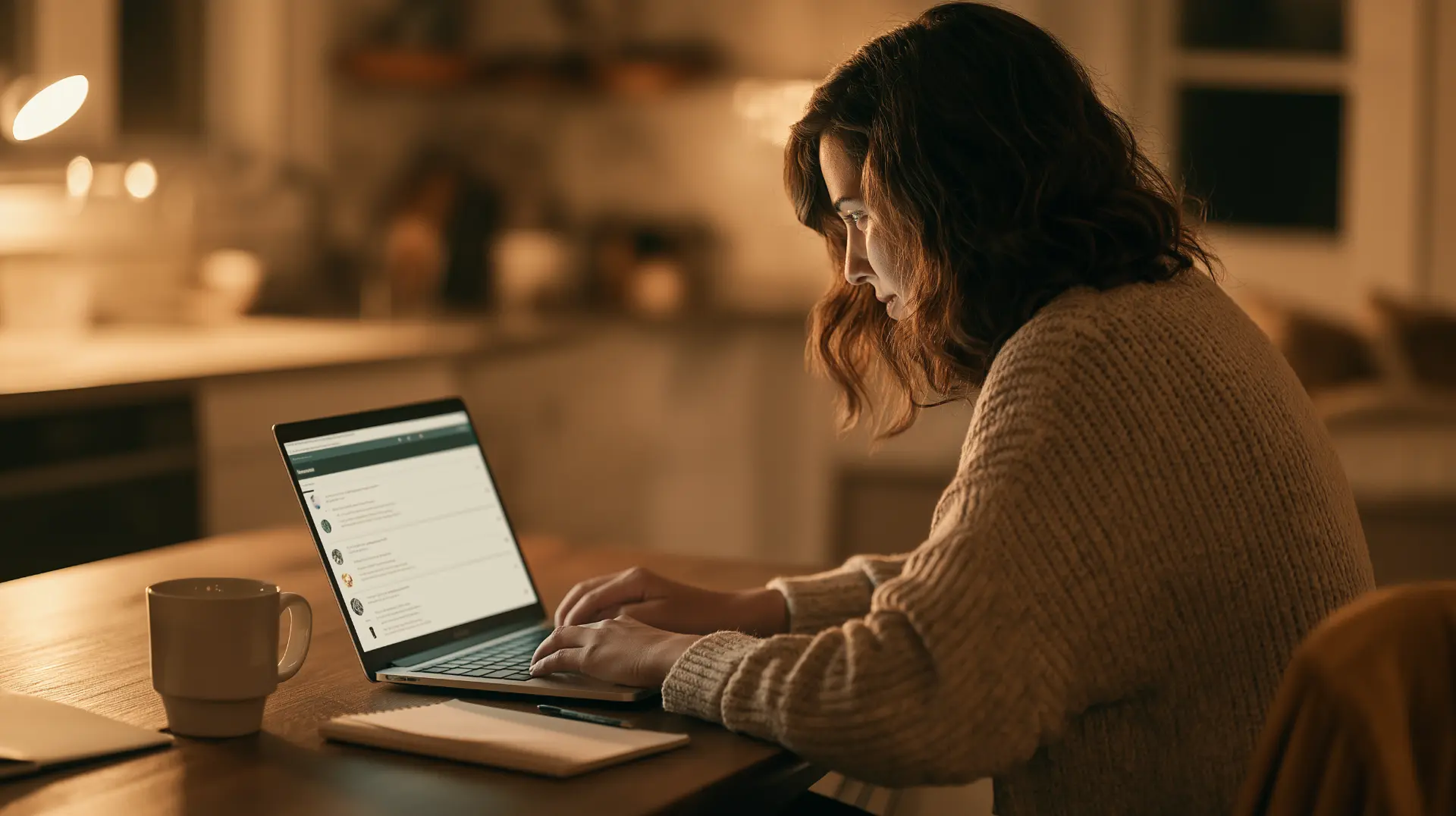 Patient comparing provider profiles and specialties on a laptop at a kitchen table