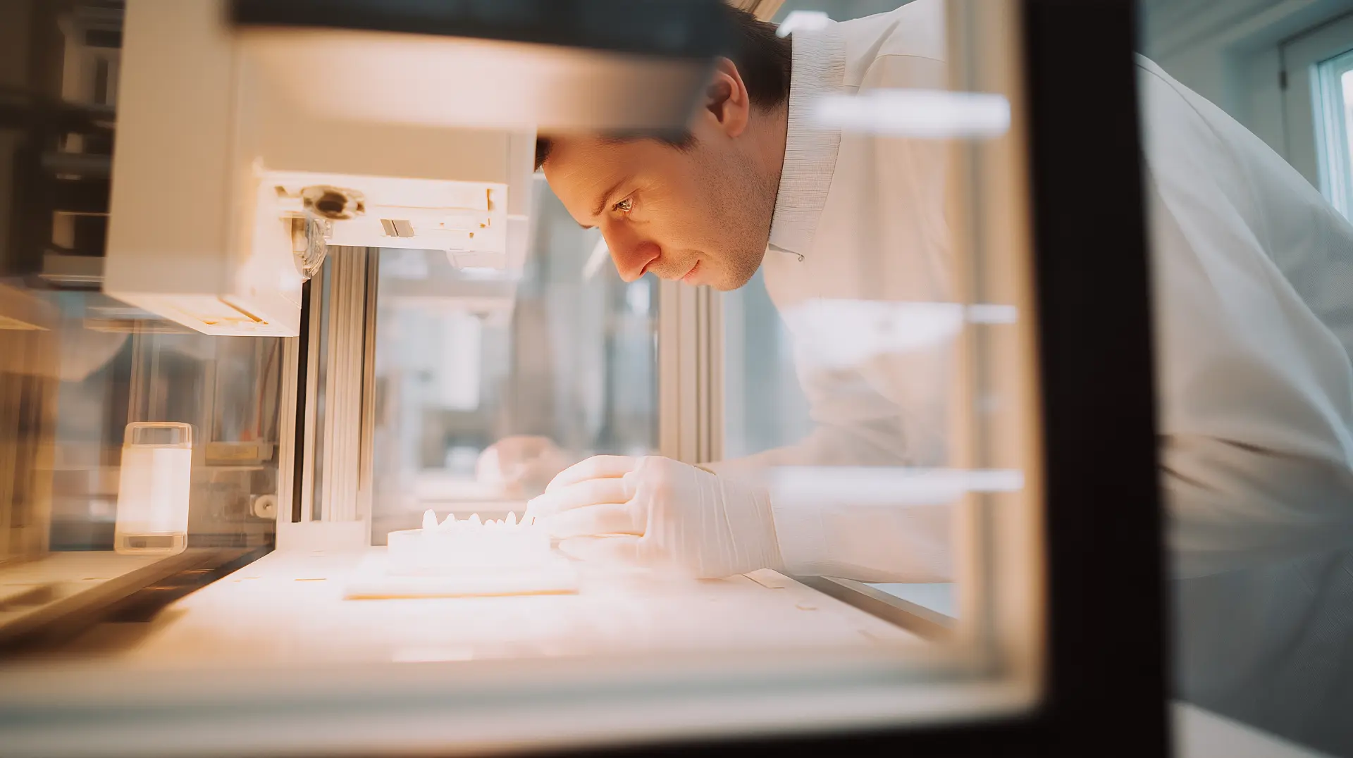 Dental lab technician inspecting a milled zirconia All-on-4 full-arch bridge, compared to acrylic, fresh from a CAD/CAM milling machine