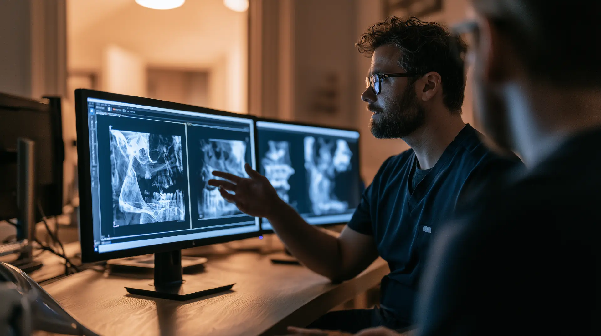 Dentist pointing to dental X-rays displayed on dual monitors during an implant case review