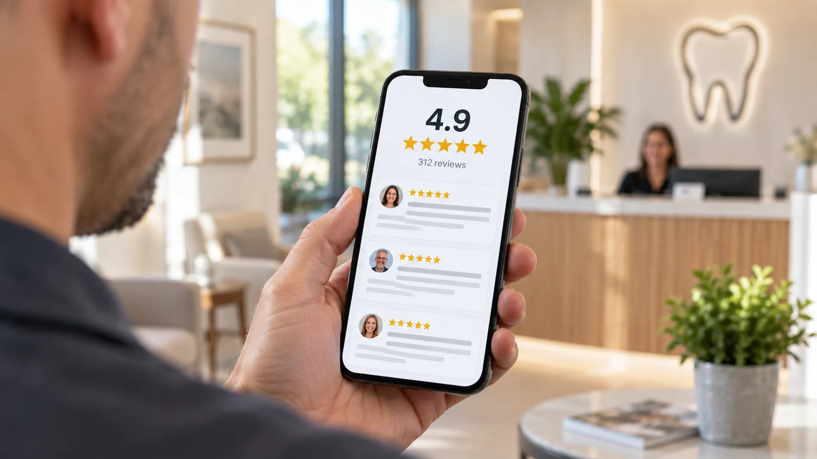 Man in a dental office holding a phone showing a 4.9-star rating across 312 Google reviews, the review volume and implant-specific reviews that decide map pack rankings for implant searches