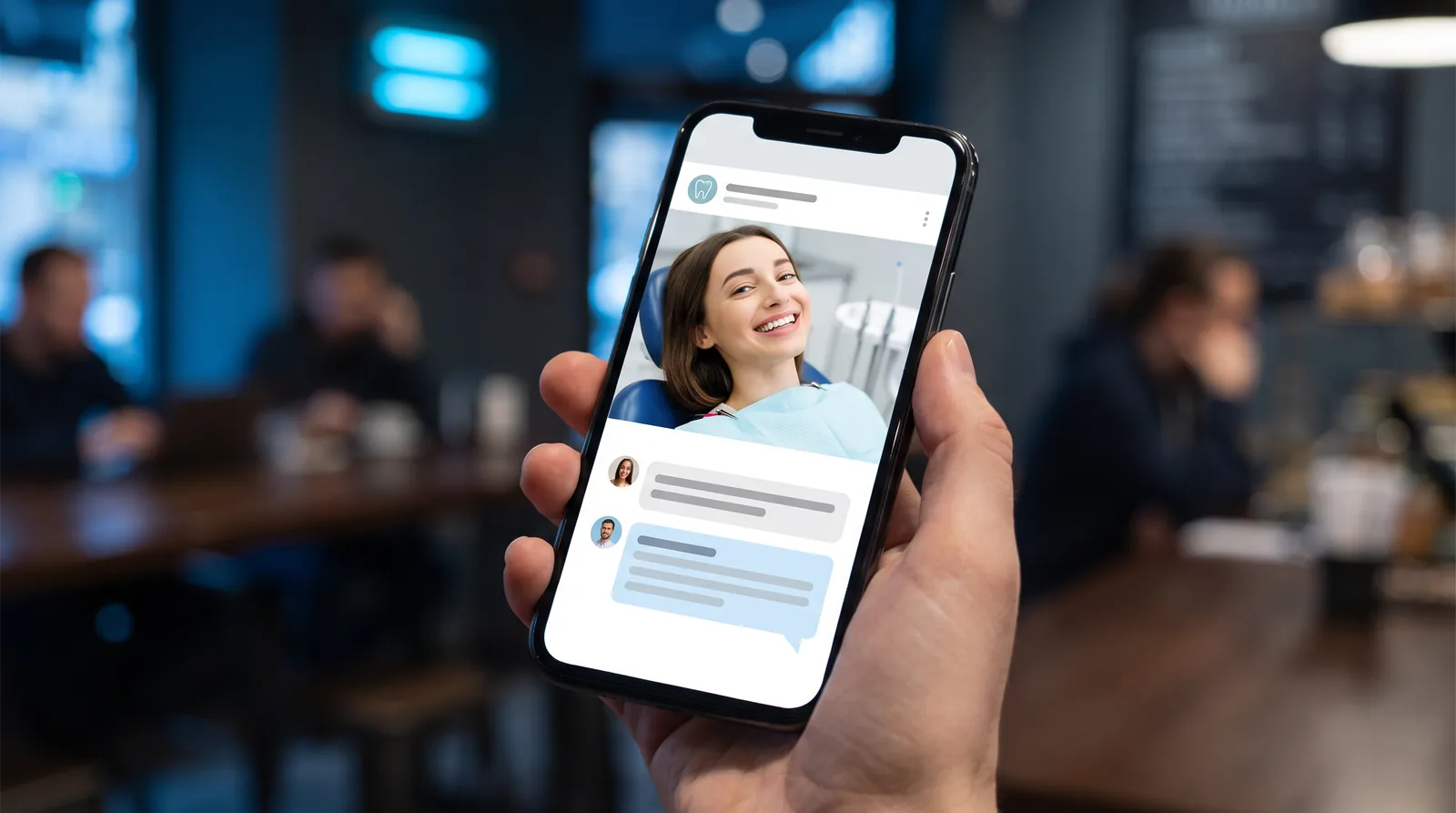 A phone showing an Instagram comment under a dental implant ad asking about price, with an automated reply inviting the person to a Messenger conversation