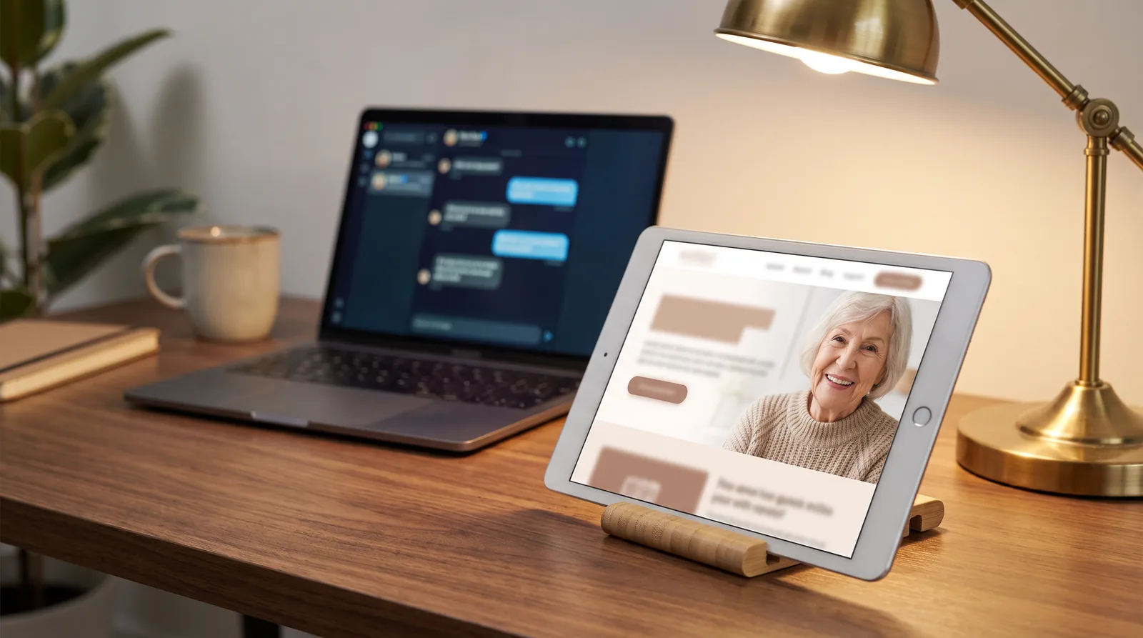 An implant practice's landing page on a tablet showing a price range, financing options, and surgeon credentials, with a ChatGPT window visible on a laptop behind it