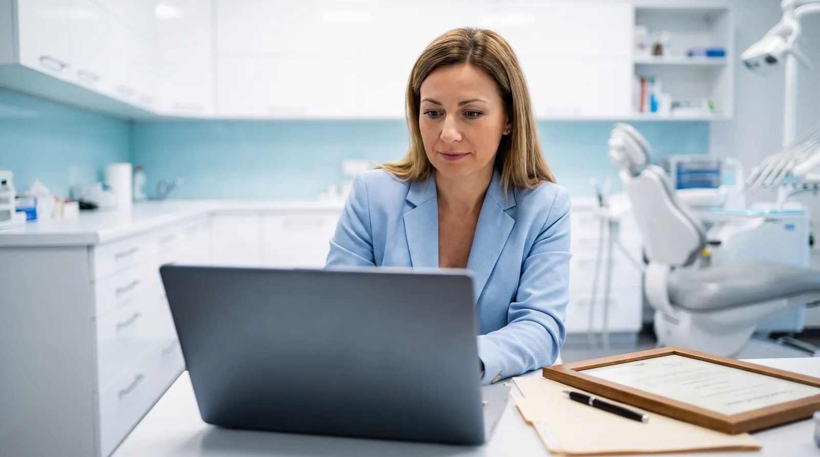 A practice marketing manager at a laptop filling out an ad platform application form, with a dental license certificate visible on the desk beside it