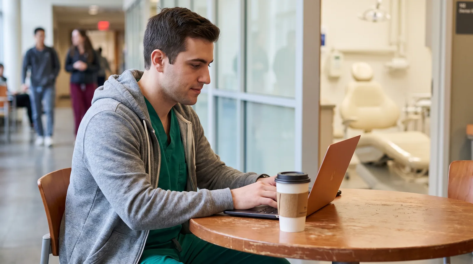 Dental student at a cafe table filling in a short form on a laptop, screen angled away showing only a glow, face in three-quarter profile, soft window light