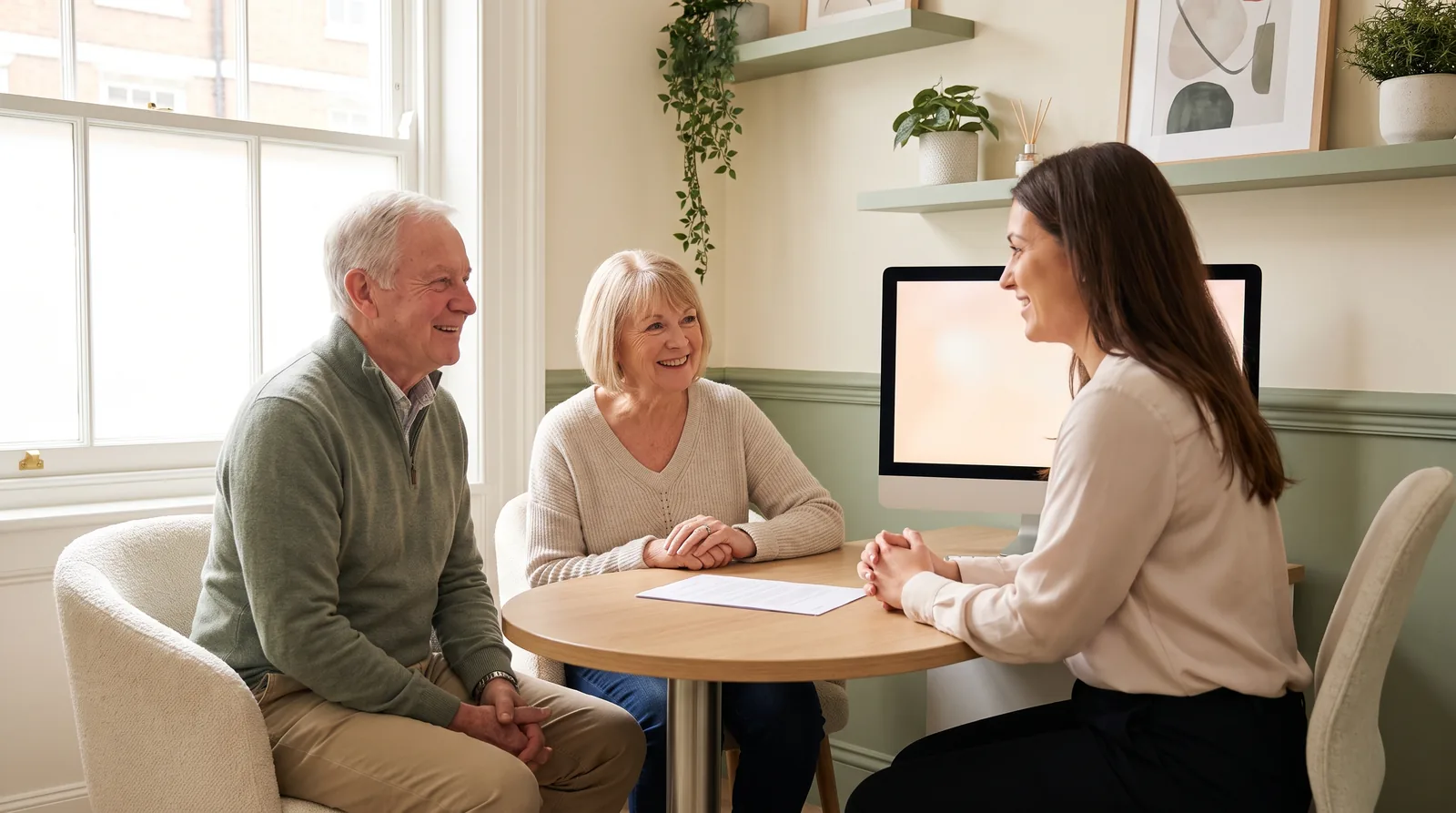 A consultation room with an older couple reviewing a printed treatment plan with a treatment coordinator, a desktop monitor showing a full-arch rendering