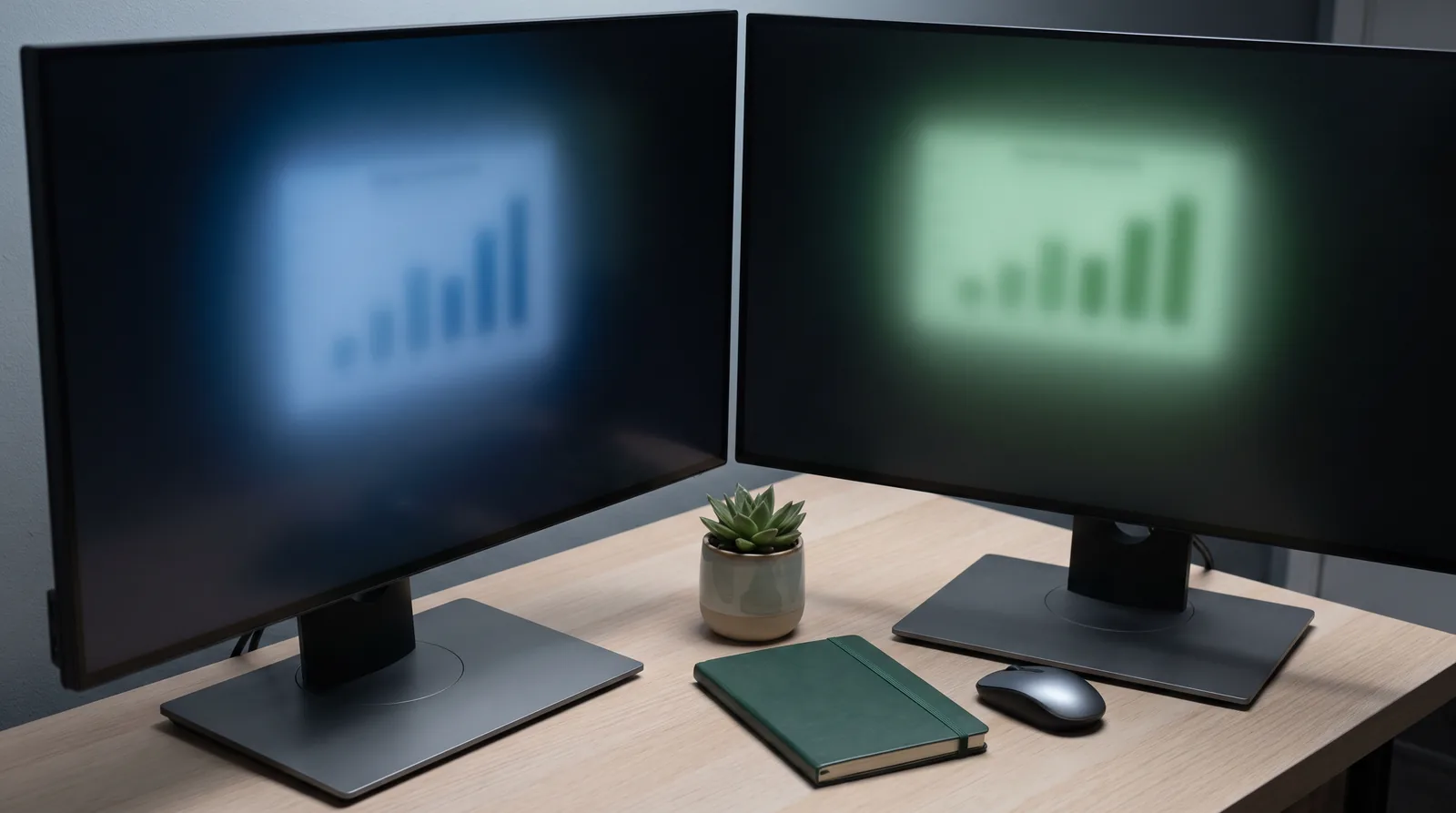Side-by-side ad platform dashboards on two monitors, one labeled Google Ads and one Microsoft Advertising, showing cost per click and conversions for the same keyword set