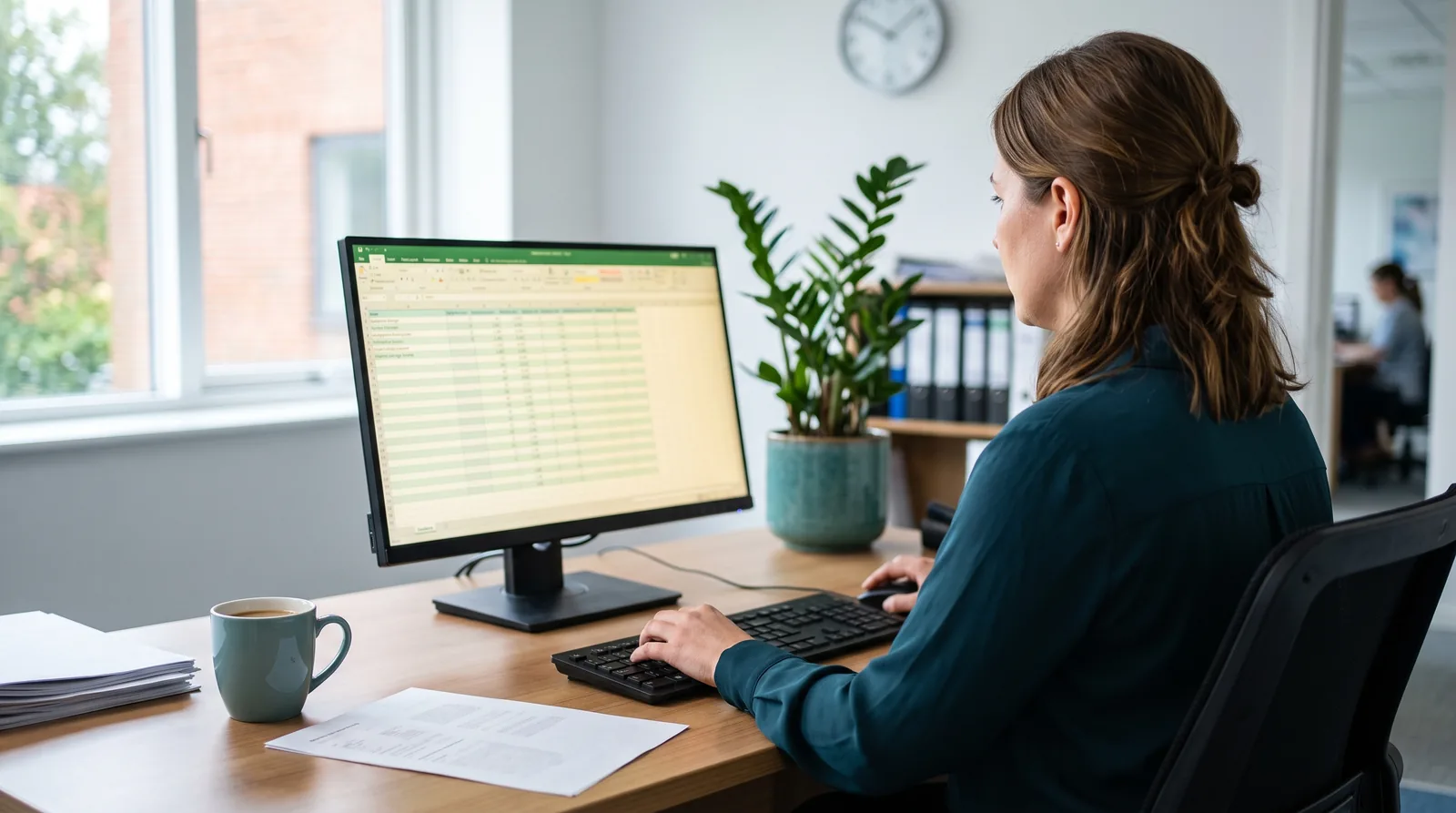 A weekly lead review spreadsheet on a monitor with columns for lead source, service requested, implant inquiry yes or no, consult booked, and dispute filed
