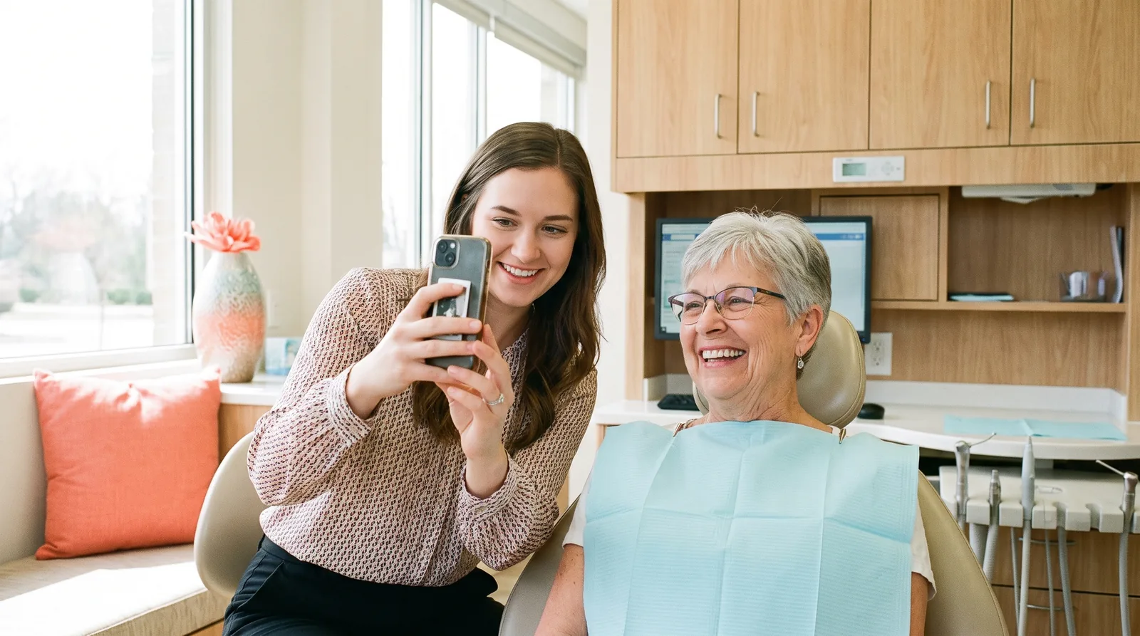 Marketing coordinator photographing a smiling patient with a phone in a dental operatory, both faces visible, natural light