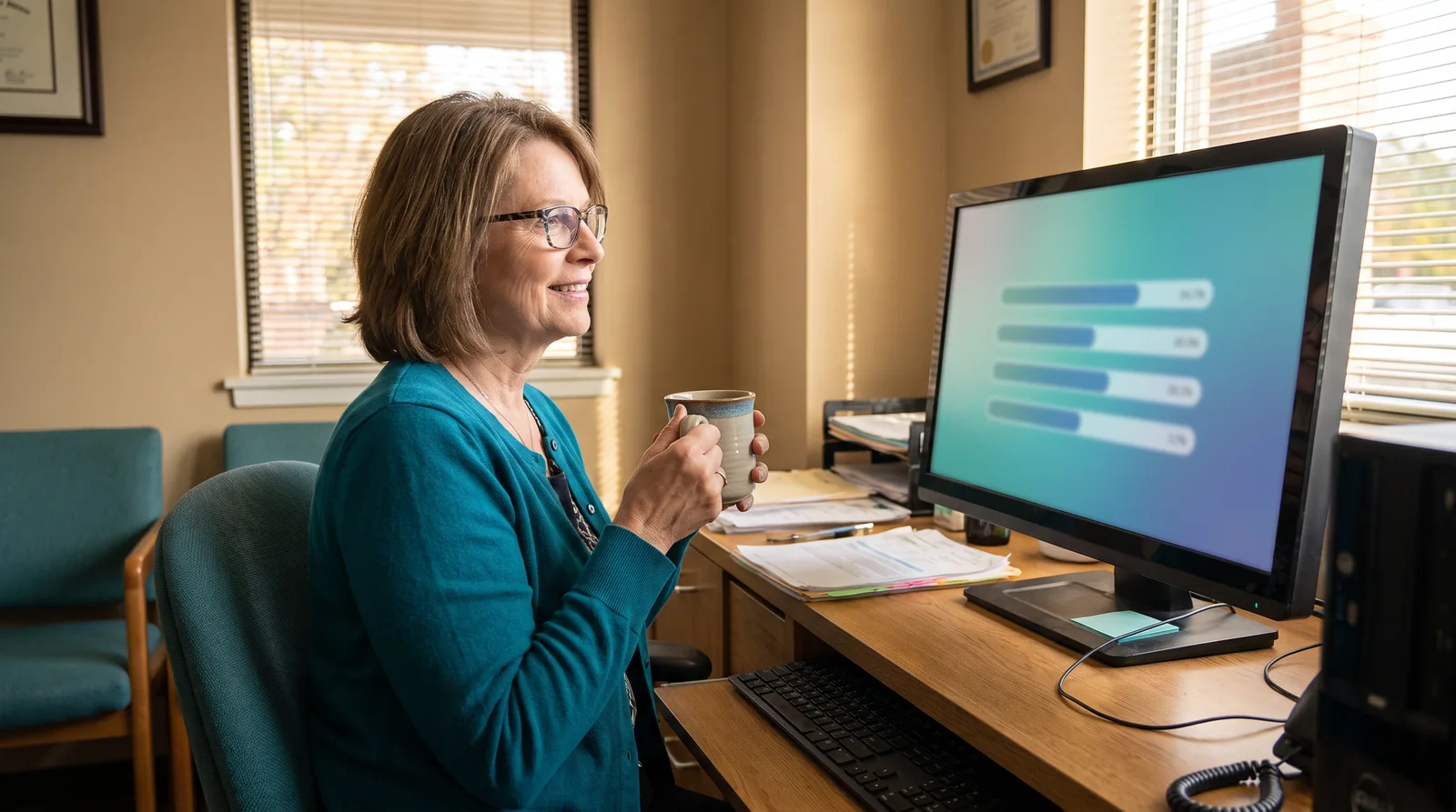 A practice manager reviewing a monthly automation log on a desktop showing leads received, acknowledged within one minute, called within fifteen minutes, and consults booked