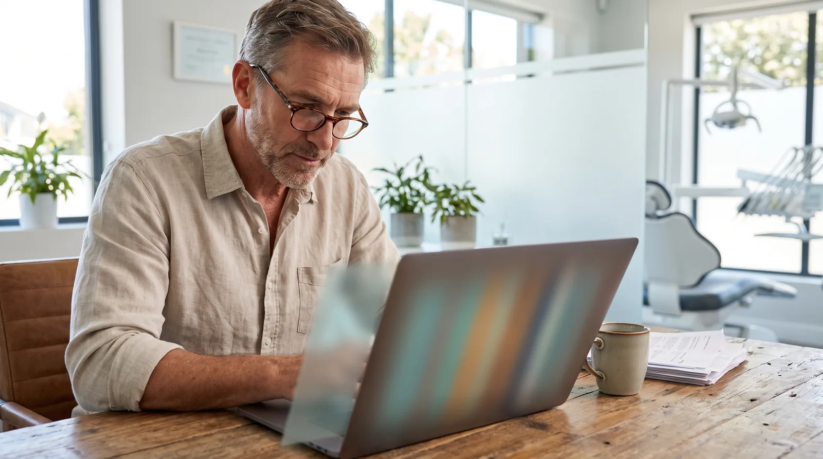 A practice owner reviewing a laptop dashboard with three columns comparing cost per lead for Local Services Ads, Google Ads, and organic search