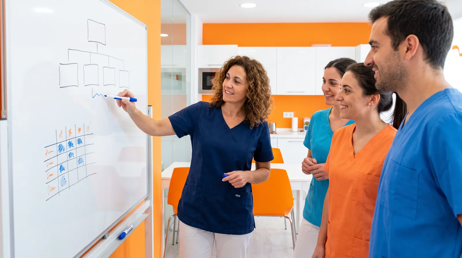 A small team huddle in a practice office with a whiteboard showing the five-minute lead response steps and a named coordinator for each day of the week