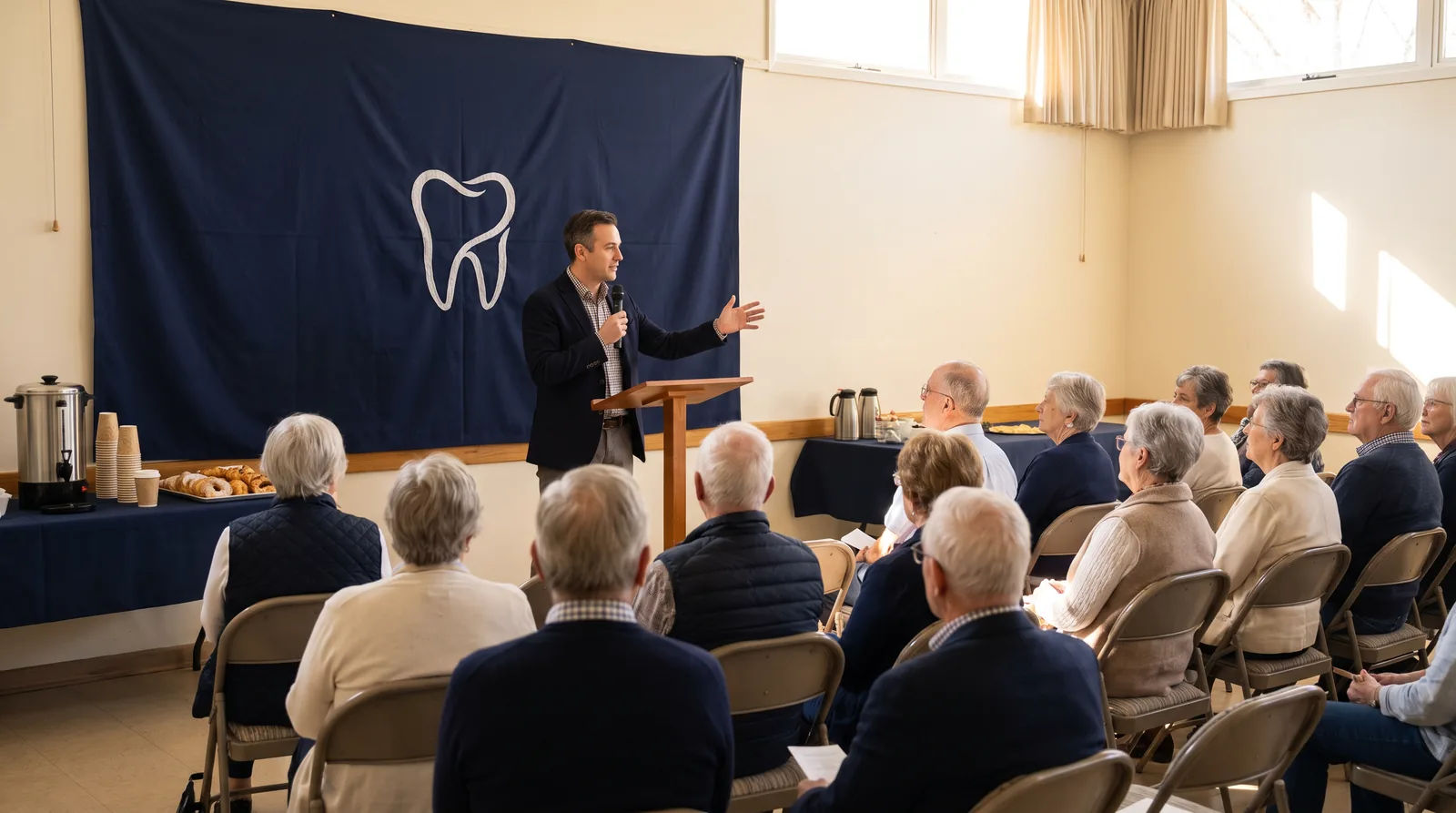 A dental surgeon speaking to a small audience of older adults at a community center event, a sponsor banner visible behind