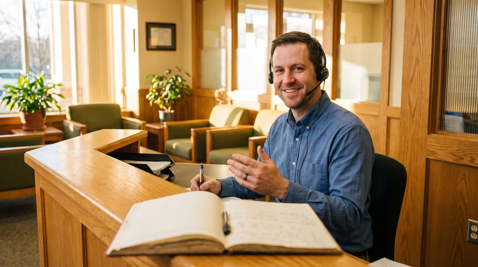 Front desk coordinator on the phone with a headset, writing in a notebook, face visible, bright reception area, no readable text