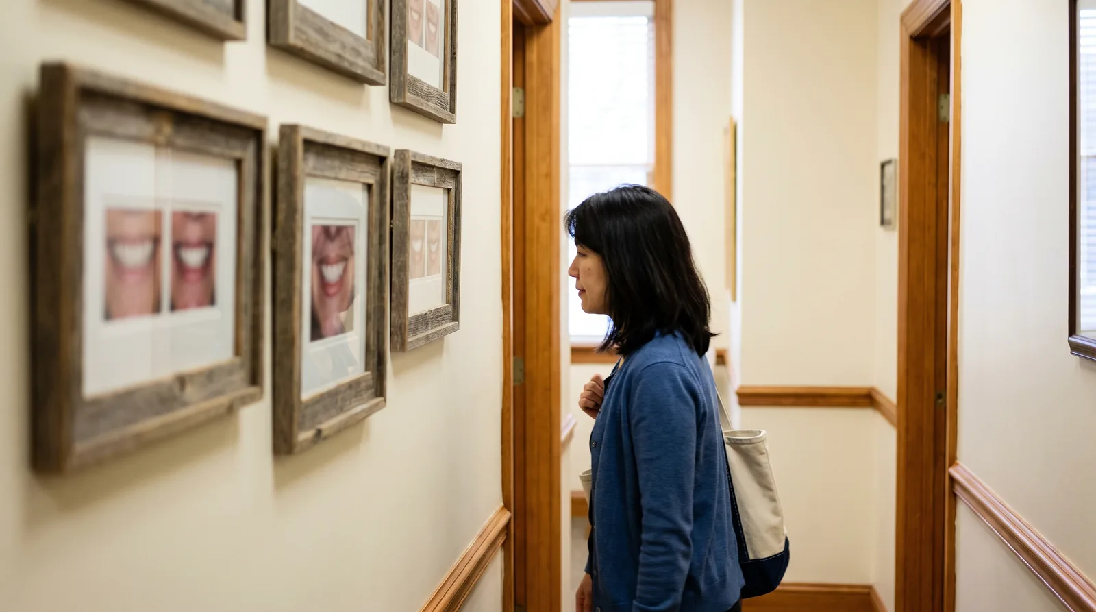 Framed before-and-after smile photographs along a dental office hallway wall, slightly out of focus, a patient walking past in side profile, soft daylight